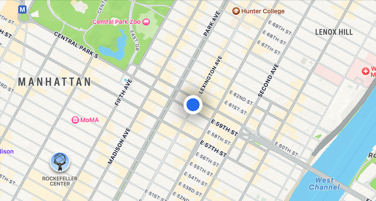 Map of NYC with blue location dot in the middle